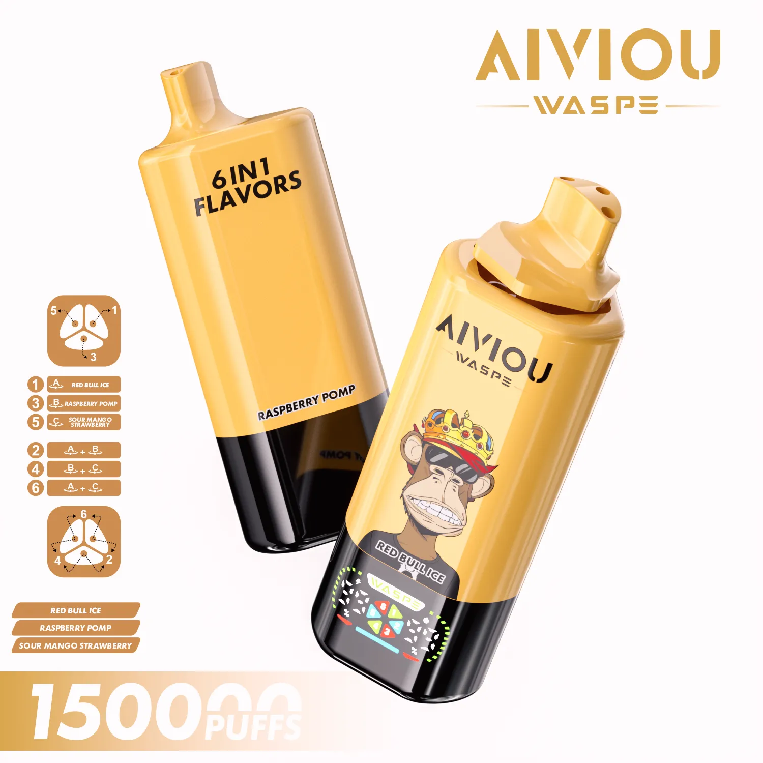 150k Vape Waspe Aiviou 150000 6 in 1 – Red Bull Ice & Raspberry Pomp & Sour Mango Strawberry 150k VAPE Waspe Aiviou 150000 6 in 1 - Red Bull Ice & Raspberry Pomp & Sour Mango Strawberry