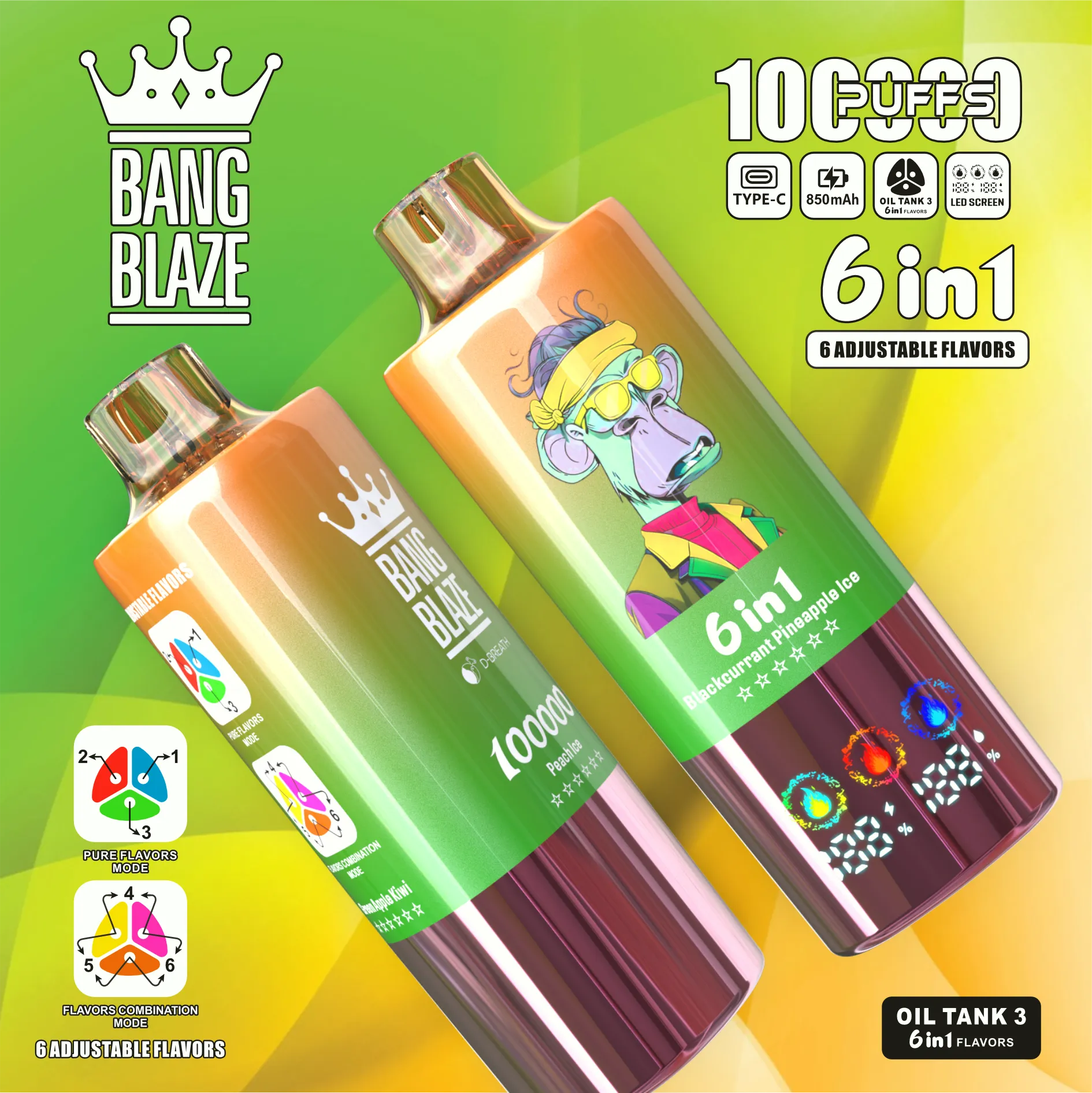 Bang 100k Bang Blaze 100000 Puff (10) Bang Blaze 100K ウォーターメロンアイス&ストロベリーマンバ&ストロベリーウォーターメロン 3独立タンク LEDディスプレイ 電子タバコ