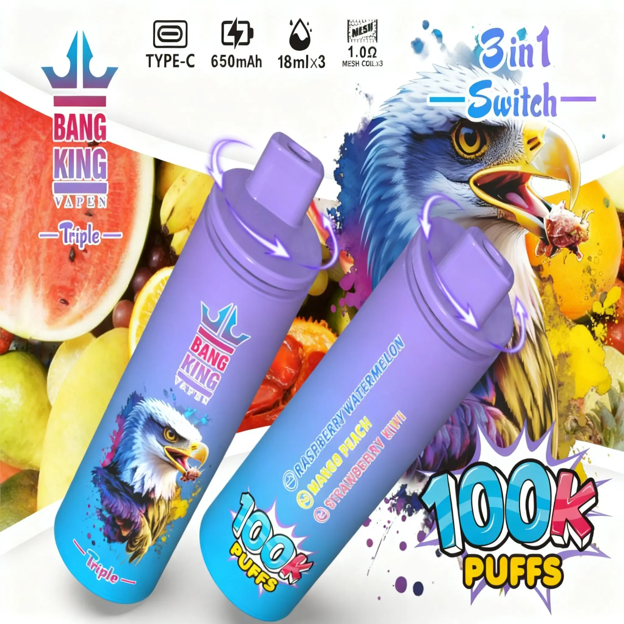 Bang King Triple 100K-raspberry-watermelon-mango-peach-strawberry-kiwi.jpg Bang King Triple 100K-raspberry-watermelon-mango-peach-strawberry-kiwi