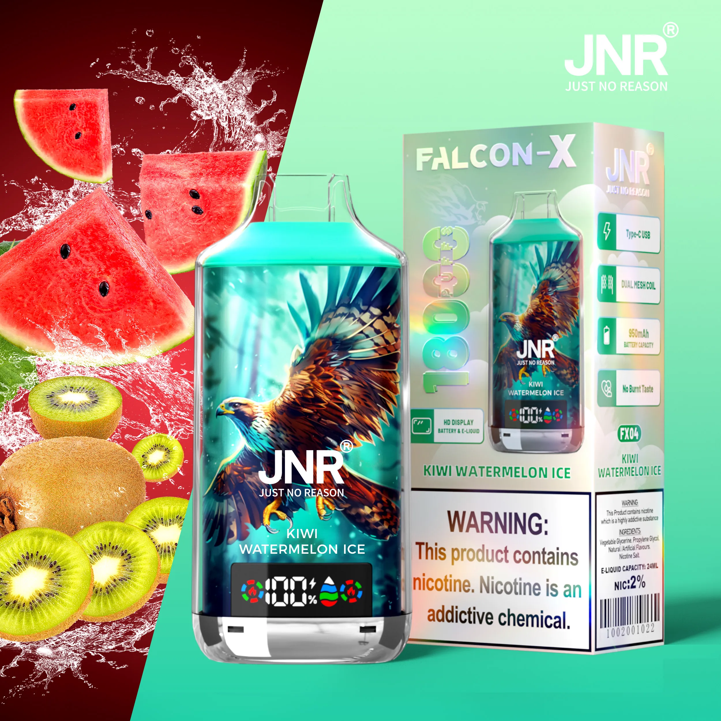 JNR Falcon X 18000 18K Puffs Adjustable Airflow EU Warehouses – Disposable Vape – Kiwi Watermelon Ice JNR Falcon-X 18000 Summer Peach Ice - VAPE 製品画像
