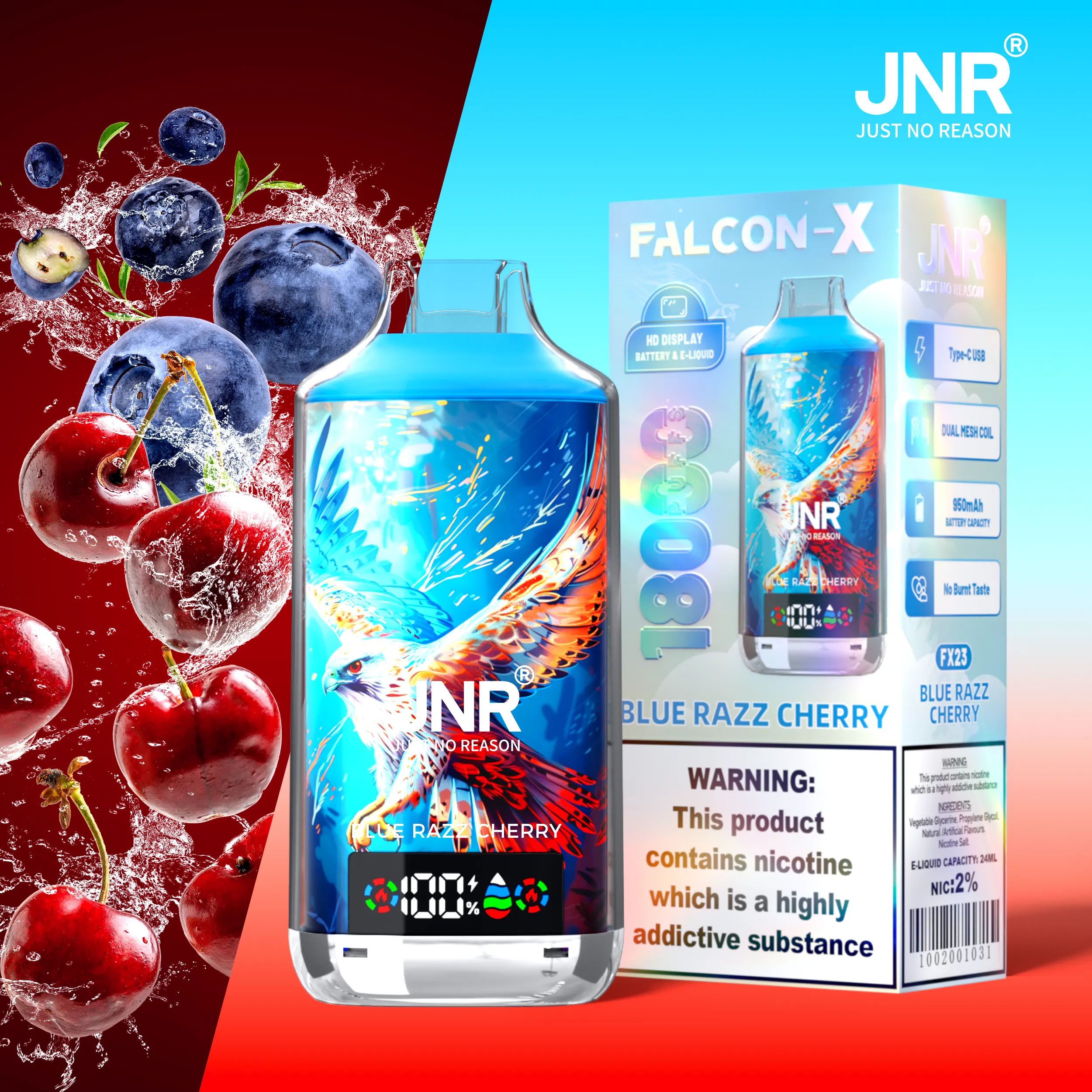 JNR Falcon X 18000 Blue Razz Cherry JNR Falcon-X 18000 Blue Razz Cherry 本体画像