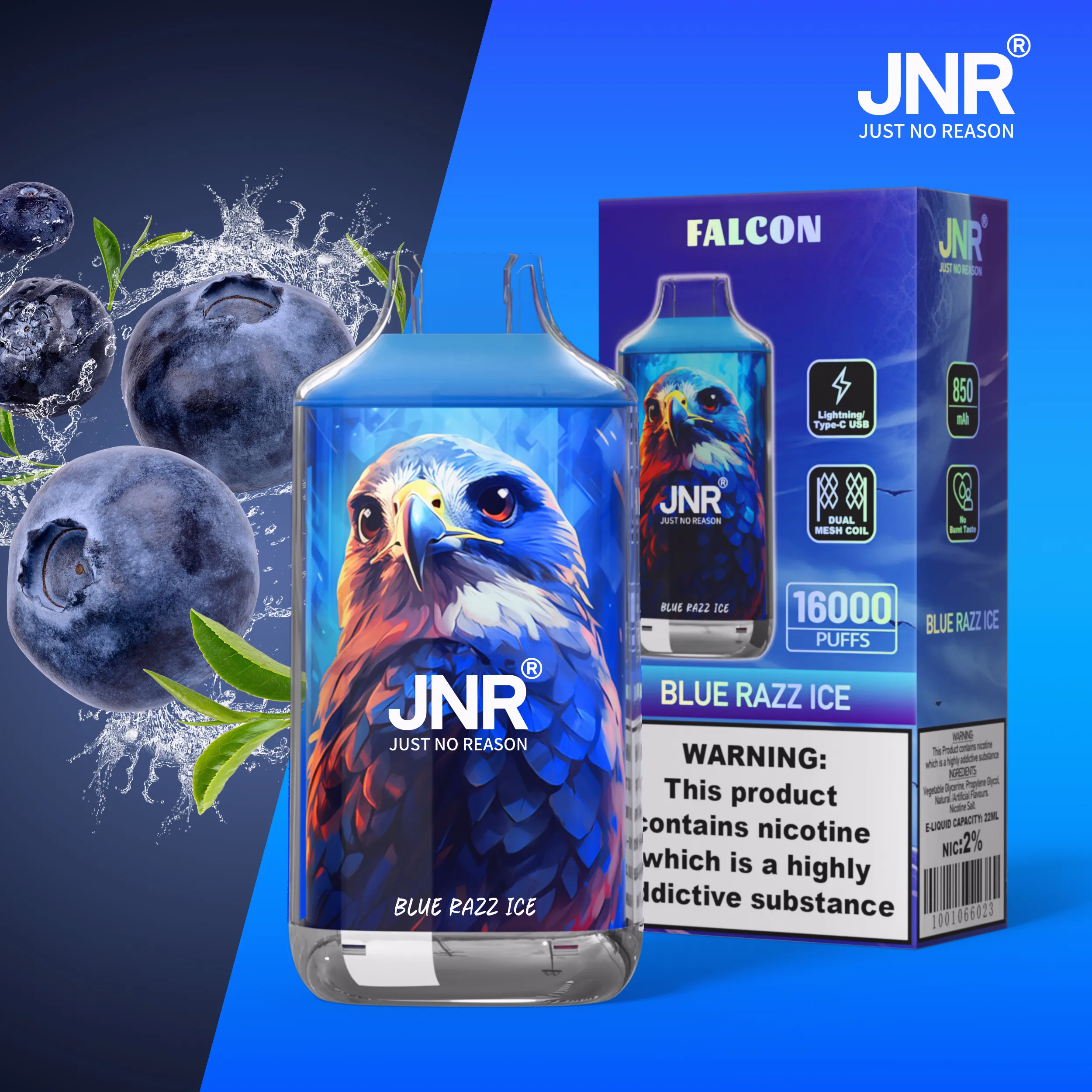 JNR Falon 16000 16k Puffs – Disposable Vape – Blue Razz Ice JNR Falcon 16000 Blue Razz Ice 使い捨てVAPE