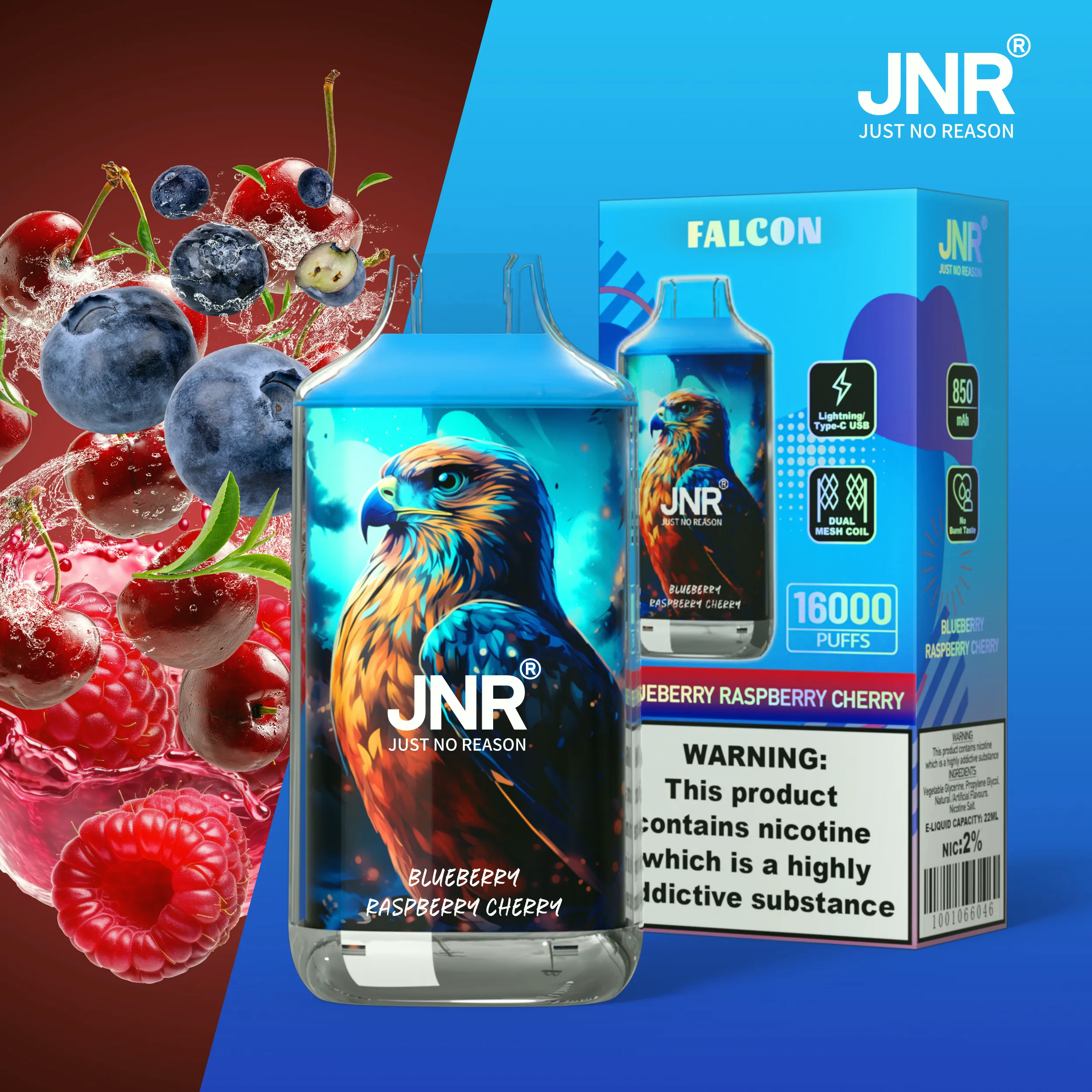 JNR Falon 16000 16k Puffs – Disposable Vape – Blueberry Raspberry Cherry JNR Falcon 16000 Blueberry Raspberry Cherry 使い捨てVAPE