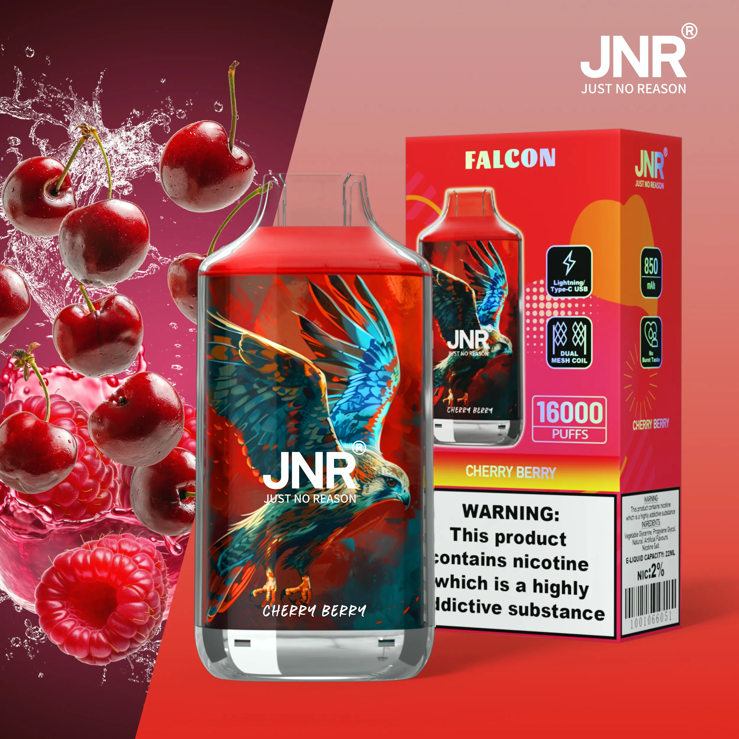 JNR Falon 16000 16k Puffs – Disposable Vape – Cherry Berry JNR Falcon 16000 Cherry Berry 使い捨てVAPE
