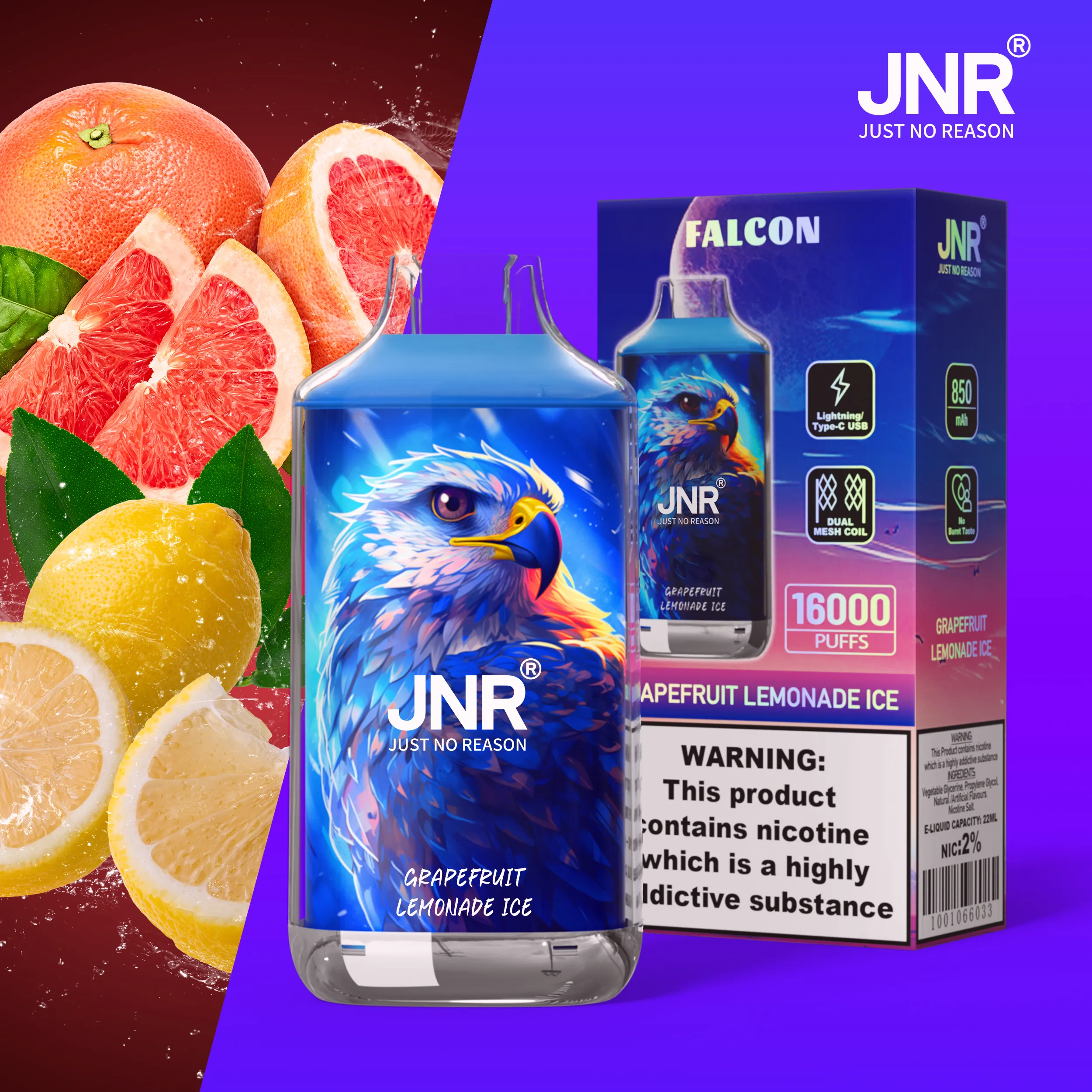 JNR Falon 16000 16k Puffs – Disposable Vape – Grapefruit lemonade ice JNR Falcon 16000 Grapefruit Lemonade Ice 使い捨てVAPE