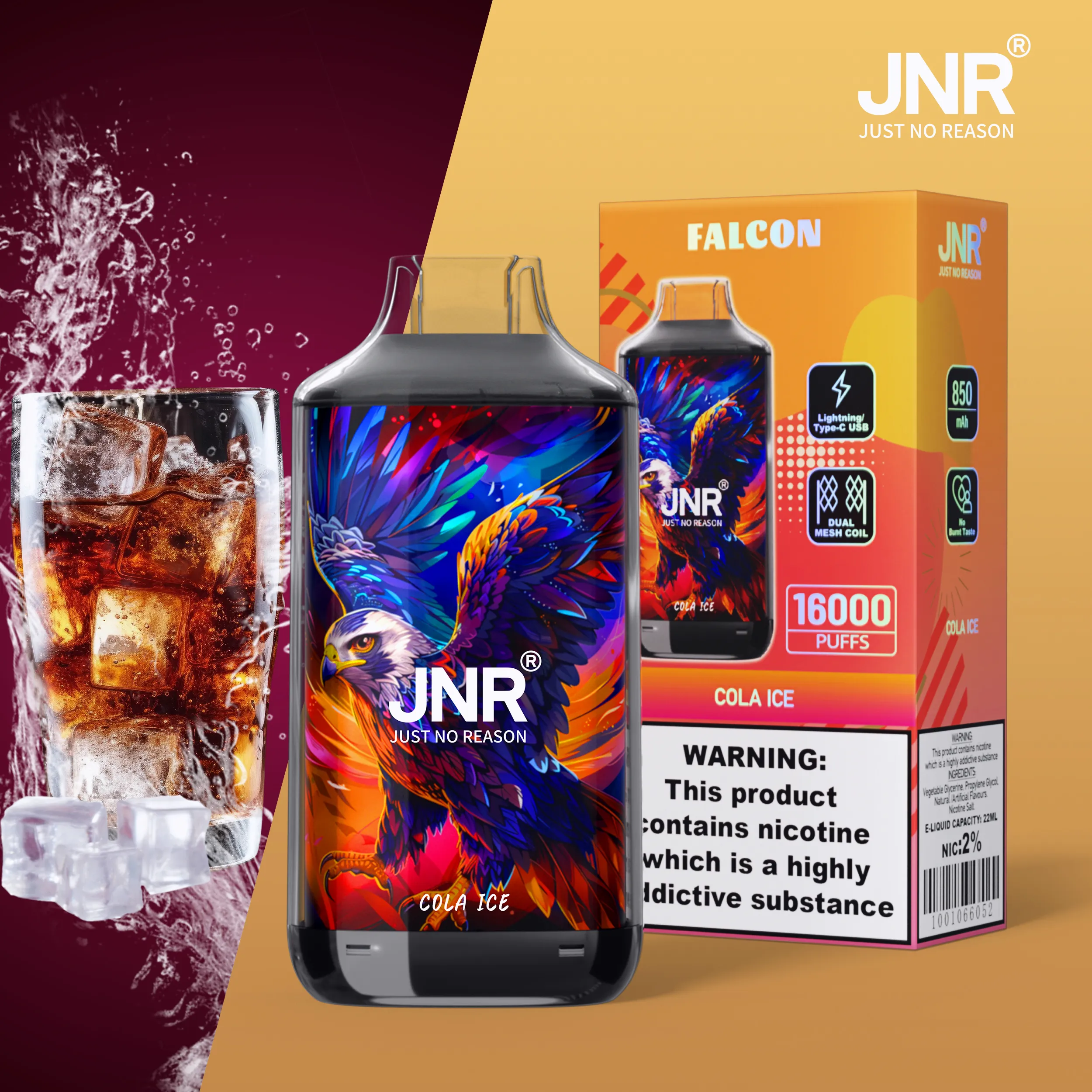 JNR Falon 16000 16k Puffs – Disposable Vape – JNR Falcon 16000 Puff Vape – Cola Ice JNR Falcon 16000 Dragon Fruit - VAPE 製品画像