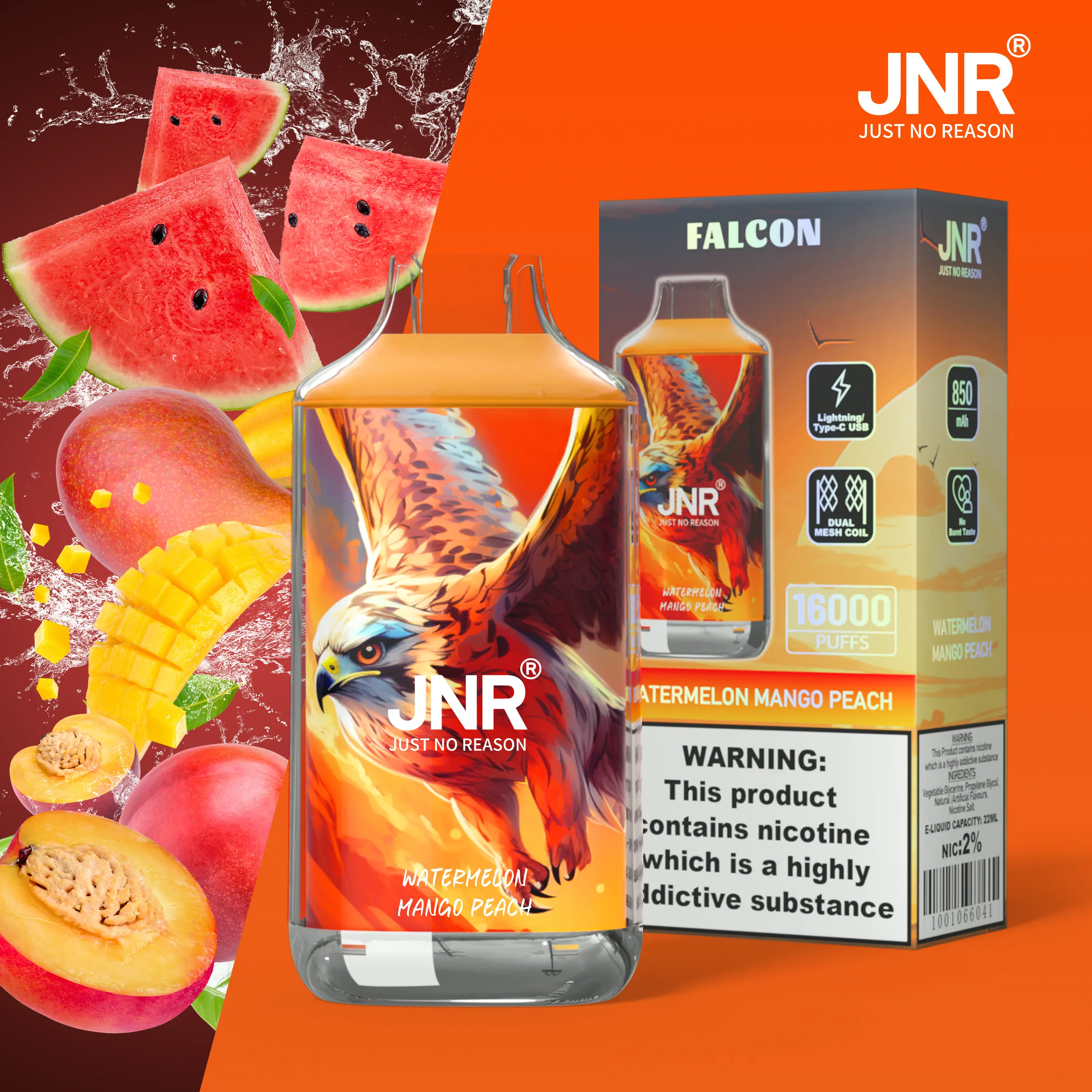 JNR Falon 16000 16k Puffs – Disposable Vape – Watermelon Mango Peach JNR Falcon 16000 Watermelon Mango Peach 使い捨てVAPE