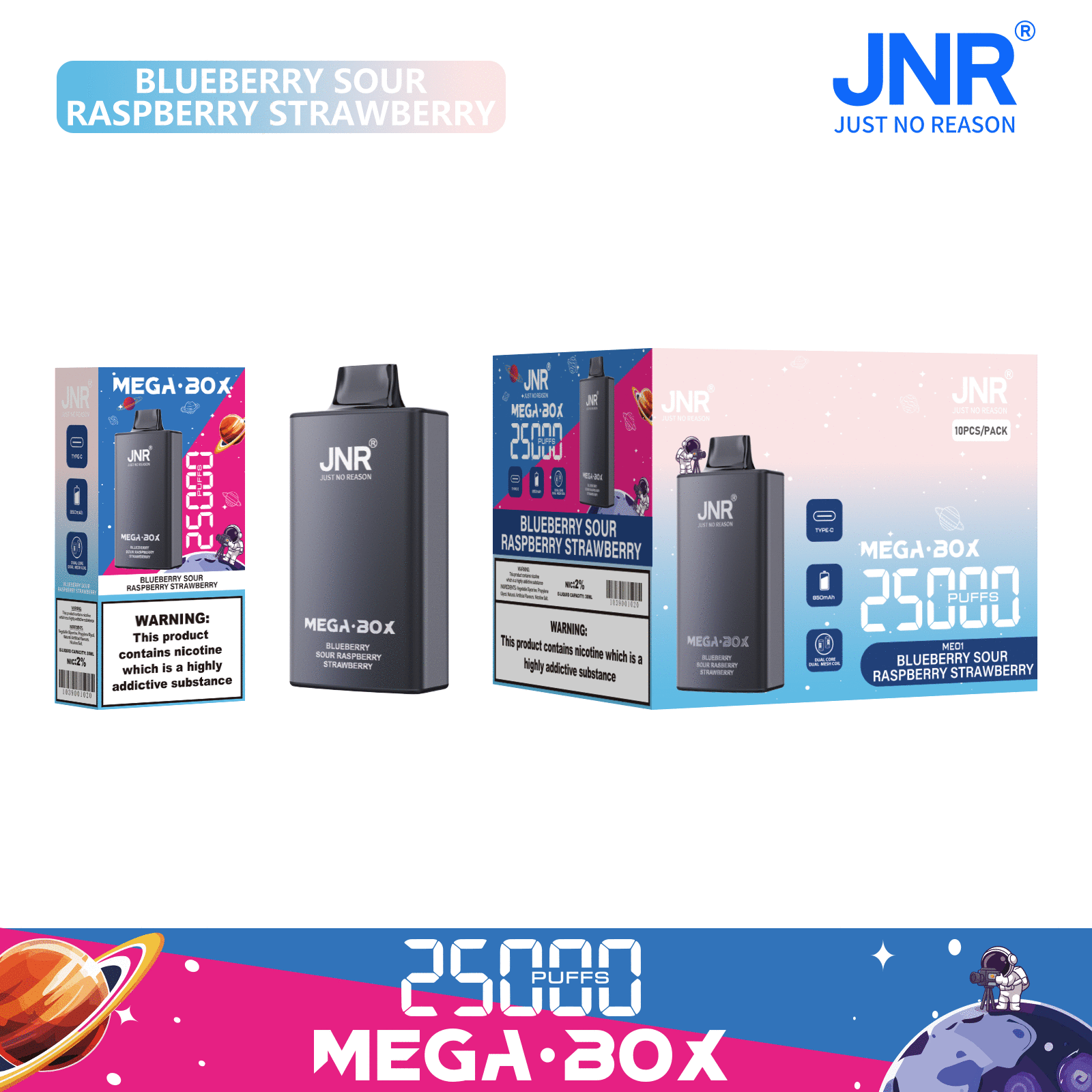 JNR Mega box 25000 – BLUEBERRY SOUR RASPBERRY STRAWBERRY JNR Mega Box 25000 Strawberry Raspberry Ice - VAPE 製品画像