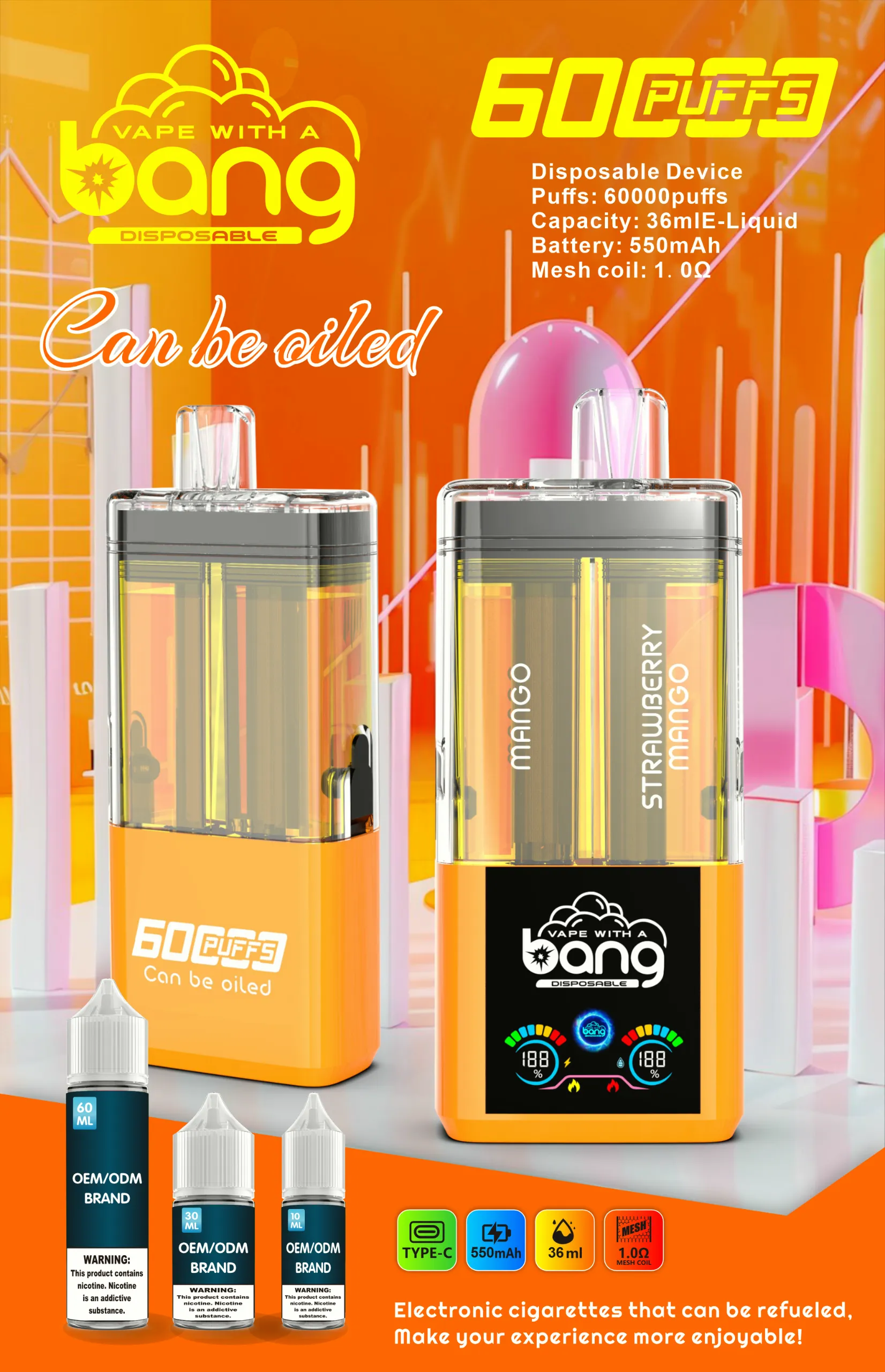Puff 60k Bang 60000 Refillable Vape – Mango & Strawberry Mango Bang 60000 マンゴー&ストロベリーマンゴー 2-in-1 デュアルフレーバー VAPE 60000パフ
