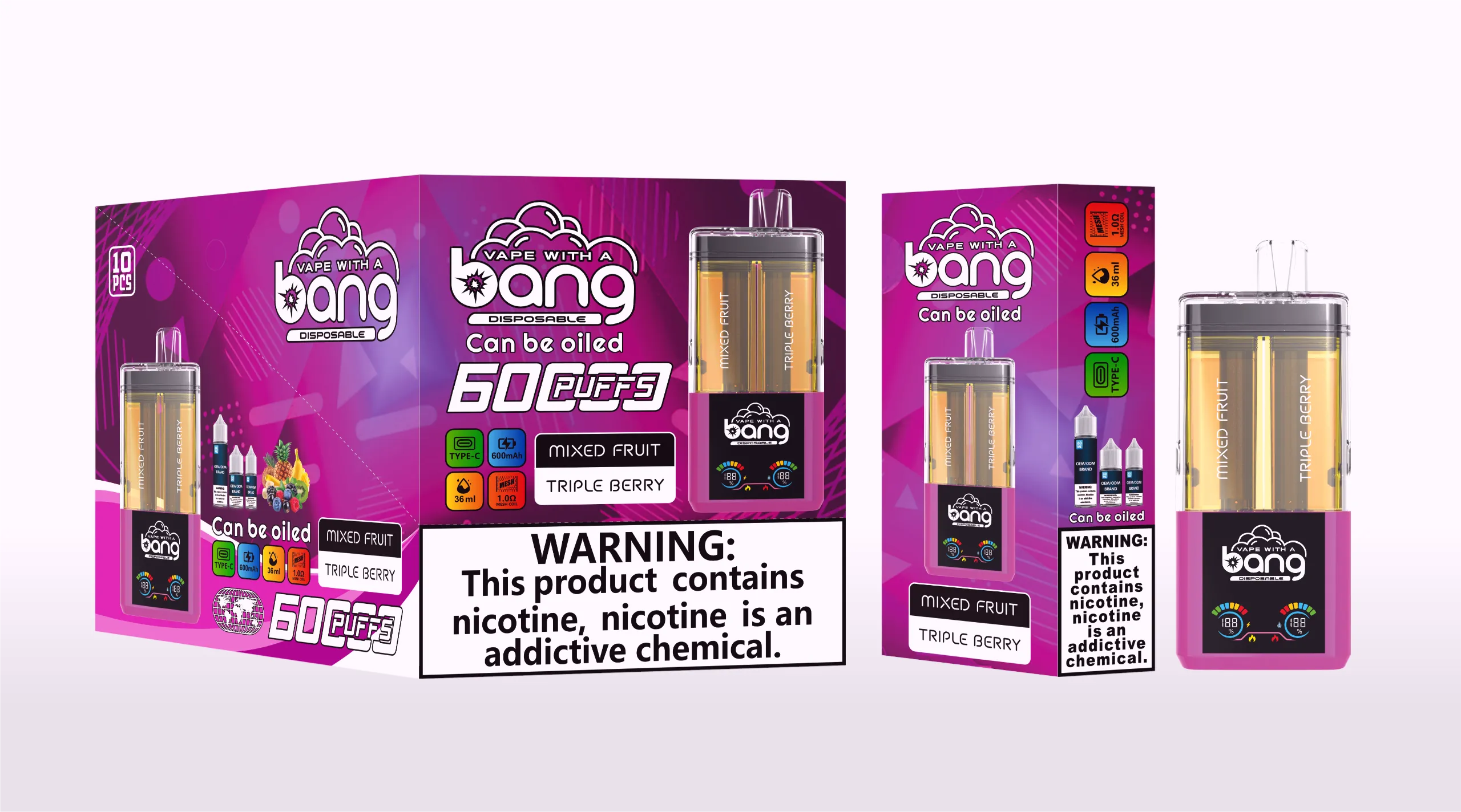 Puff 60k Bang 60000 Refillable Vape – Mixed Fruit & Triple Berry (2) Bang 60000 ミックスフルーツ&トリプルベリー 透明デュアルタンク 電子タバコ フレーバー