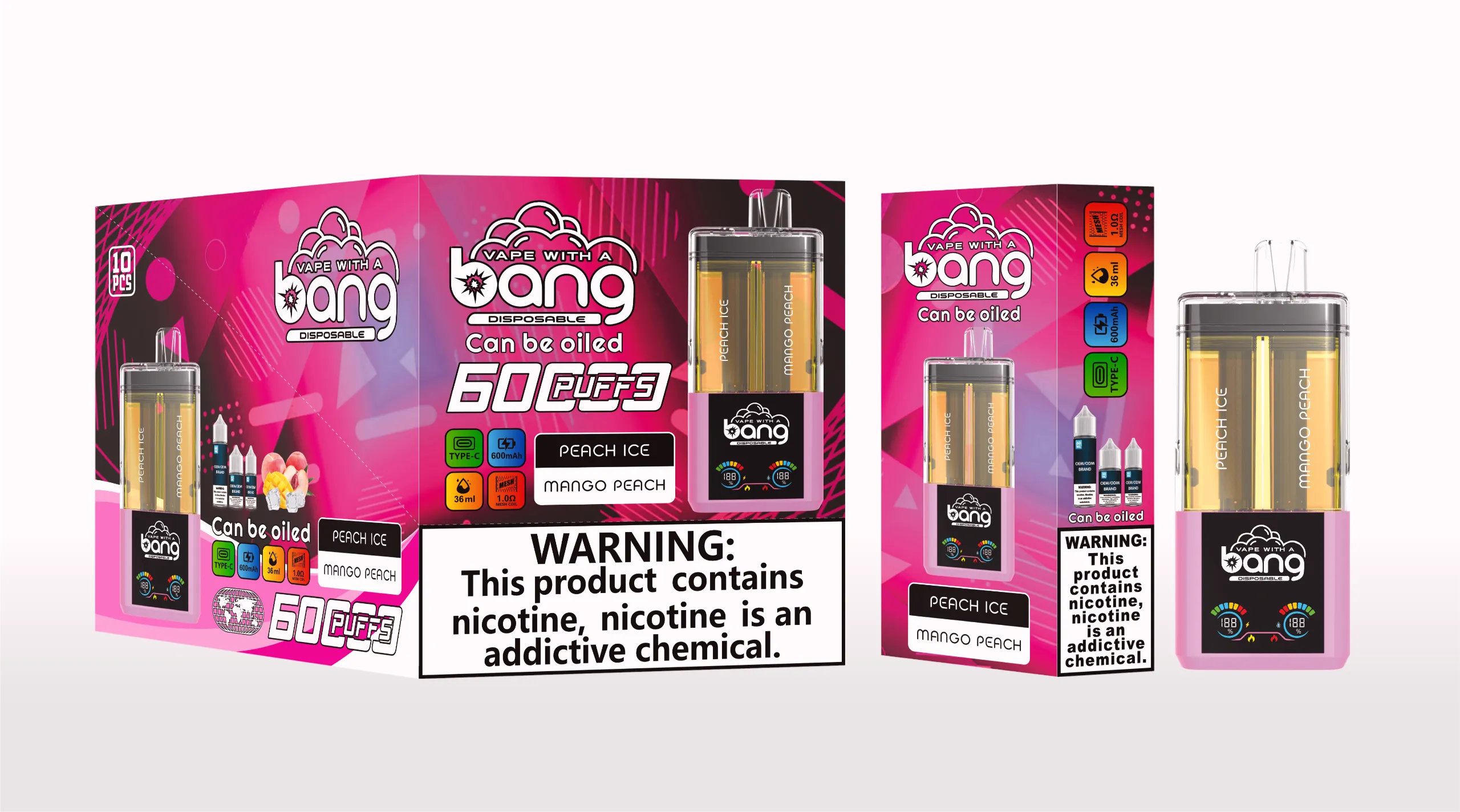 Puff 60k Bang 60000 Refillable Vape – Peach Ice & Mango Peach (2) Bang 60000 ピーチアイス&マンゴーピーチ 透明デュアルタンク 電子タバコ フレーバー