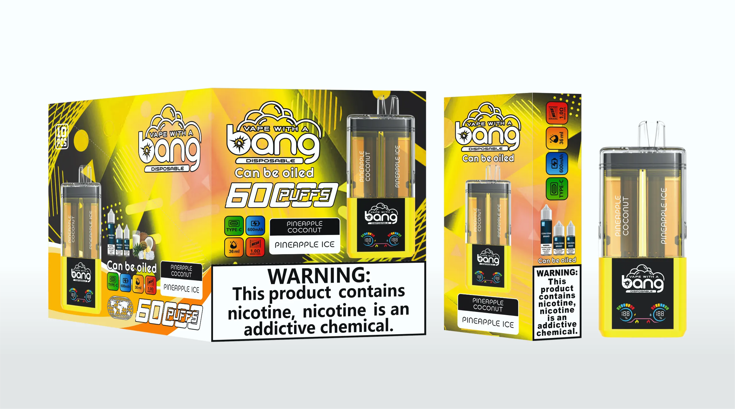 Puff 60k Bang 60000 Refillable Vape – Pineapple Coconut & Pineapple Ice (2) Bang 60000 パインココナッツ&パインアイス 透明デュアルタンク 電子タバコ フレーバー