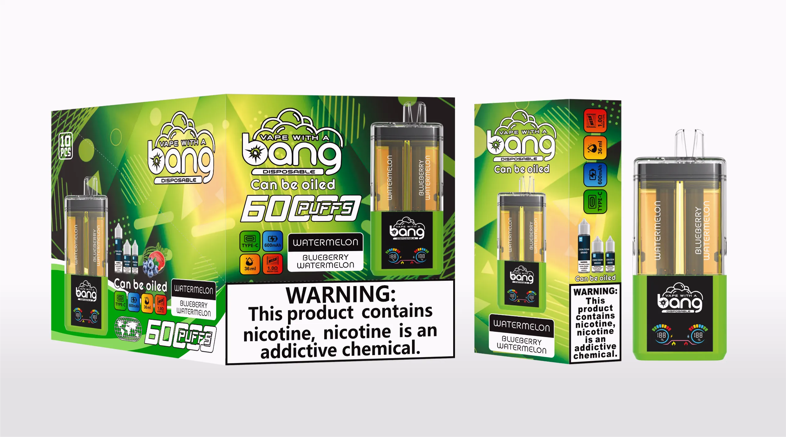 Puff 60k Bang 60000 Refillable Vape – Watermelon & Blueberry Watermelon (2) Bang 60000 ウォーターメロン&ブルーベリーウォーターメロン 透明デュアルタンク 電子タバコ フレーバー