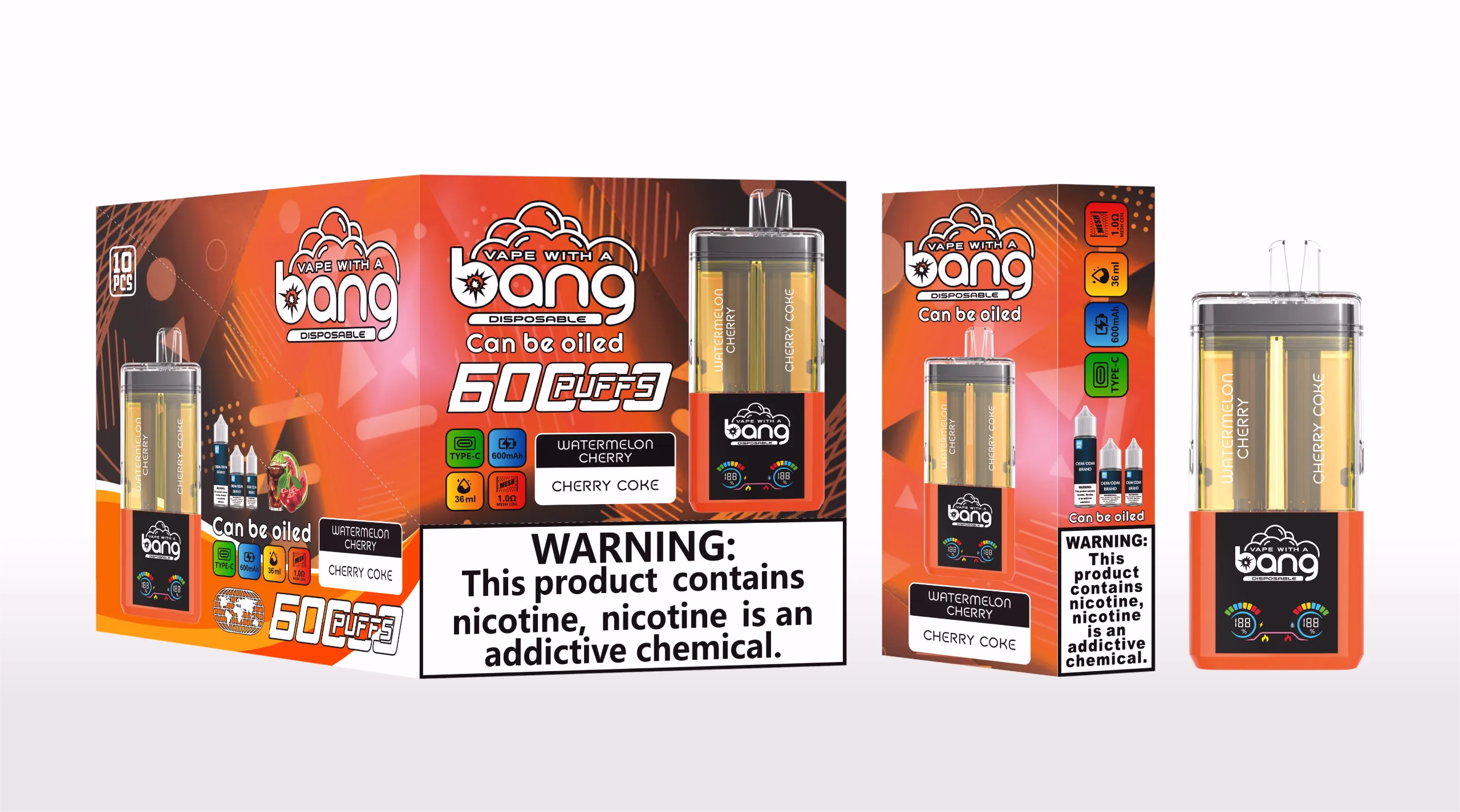 Puff 60k Bang 60000 Refillable Vape – Watermelon Cherry & Cherry Coke (2) Bang 60000 ウォーターメロンチェリー&チェリーコーラ 透明デュアルタンク 電子タバコ フレーバー